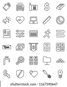 thin line vector icon set - towel vector, rubber glove, skimmer, ruler, notebook pc, gold ingot, annual report, dollar flag, cursor, sign, heart pulse, calendar, cross, run, protected, speaker, open