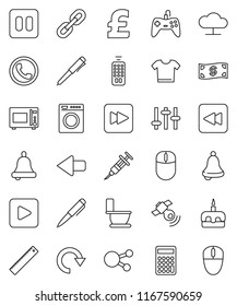 thin line vector icon set - toilet vector, microwave oven, cake, ruler, pen, bell, calculator, pound, satellitie, settings, remote control, social media, play button, pause, forward, backward, arrow
