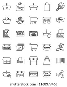 thin line vector icon set - house hold vector, cart, credit card, office, cargo search, sale signboard, rooms, sold, low price, new, shopping bag, market, store, buy, barcode, basket, list, coupon