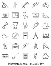 thin line vector icon set - water tap vector, splotch, welcome mat, washboard, rolling pin, thermometer, chicken leg, pen, pencil, corner ruler, drawing compass, Railway carriage, glass, tulip, hdmi