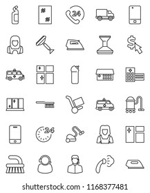 thin line vector icon set - scraper vector, vacuum cleaner, fetlock, car, window cleaning, iron, steaming, agent, shining, woman, dollar cursor, phone 24, delivery, mobile, hospital building, hour