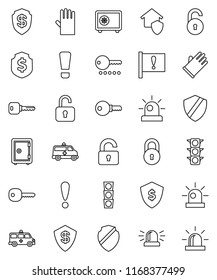 thin line vector icon set - rubber glove vector, dollar shield, safe, attention, traffic light, amkbulance car, lock, unlock, key, sign, siren, home protect, password