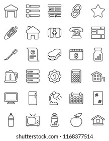 thin line vector icon set - sponge vector, car fetlock, window cleaning, kettle, hand mill, table lamp, certificate, exam, calculator, dollar calendar, diet, medal, water bottle, first aid kit, link