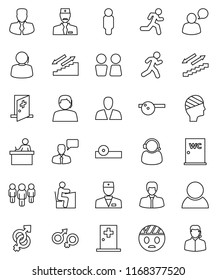 thin line vector icon set - water closet vector, student, manager, man, stairways run, support, speaking, doctor, gender sign, eye hat, head bandage, medical room, consumer