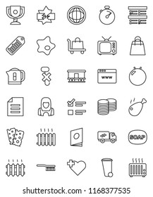 thin line vector icon set - soap vector, fetlock, trash bin, splotch, cleaner woman, chicken leg, award cup, world, document, exam, coin stack, stopwatch, fitball, breads, heart cross, no hook, tv