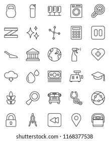 thin line vector icon set - scoop vector, shining, sprayer, cleaning agent, graduate hat, drawing compass, school bus, constellation, bank, measuring, cereals, heart cross, earth, money, weight, pin
