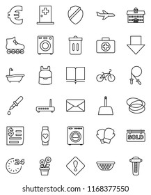 thin line vector icon set - scoop vector, trash bin, bath, colander, book, university, backpack, arrow down, euro sign, bike, jump rope, boxing glove, roller Skates, heart monitor, first aid kit
