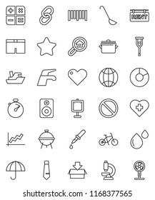 thin line vector icon set - water tap vector, pan, ladle, bbq, presentation, graph, pie, tie, stopwatch, bike, shorts, prohibition sign, heart cross, ship, umbrella, barcode, link, speaker, dropper