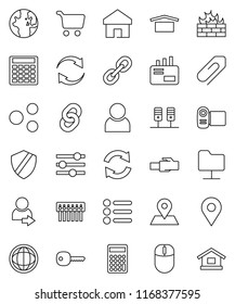 thin line vector icon set - world vector, cart, calculator, map pin, dry cargo, link, server, network folder, equalizer, shield, firewall, hub, lan connector, share, home, refresh, chain, attachment