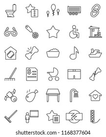 thin line vector icon set - rake vector, toilet, foam basin, skimmer, chicken leg, blackboard, glasses, music, annual report, shorts, satellite, ship, truck trailer, link, disabled, broken bone
