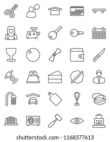 thin line vector icon set - splotch vector, shower, cleaner woman, kettle, knife, meat hammer, cutting board, cake, scissors, wallet, calendar, punching bag, fitball, skateboard, hoop, client, glass