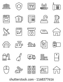 thin line vector icon set - broom vector, vacuum cleaner, water tap, tv, home, chalet, estate document, apartments, office building, cushioned furniture, relocation truck, protect, iron, dishwasher