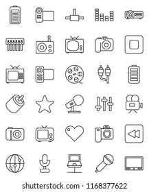 thin line vector icon set - film spool vector, camera, microphone, radio, tv, settings, equalizer, video, internet, favorites, heart, battery, stop button, backward, rca, connect, notebook network