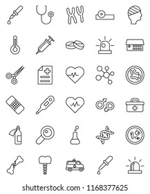 thin line vector icon set - heart pulse vector, molecule, doctor bag, thermometer, flask, gender sign, dna, magnifier, syringe, dropper, scissors, broken bone, patch, stethoscope, pills, eye hat