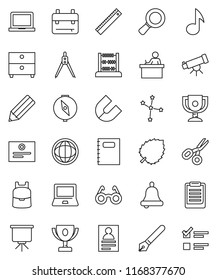 thin line vector icon set - copybook vector, pen, pencil, ruler, drawing compass, glasses, student, backpack, telescope, bell, notebook pc, clipboard, award cup, certificate, magnet, scissors, music