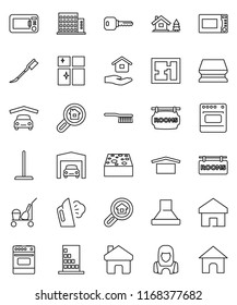 thin line vector icon set - cleaner trolley vector, fetlock, mop, sponge, car, steaming, shining window, house hold, woman, microwave oven, dry cargo, home, key, chalet, garage, plan, apartments
