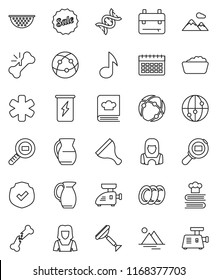 thin line vector icon set - scraper vector, foam basin, plates, cleaner woman, colander, cookbook, jug, backpack, music, enegry drink, calendar, protected, cargo search, internet, ambulance star