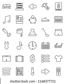 thin line vector icon set - ladle vector, mixer, glasses, abacus, music, piggy bank, case, annual report, clock, tie, calendar, dollar sign, snickers, shorts, swimsuite, t shirt, satellitie, menu