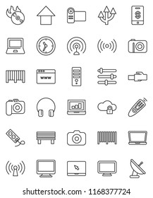 thin line vector icon set - notebook pc vector, laptop graph, arrow up, clock, music hit, camera, antenna, remote control, headphones, cloud lock, browser, equalizer, lan connector, bench, route