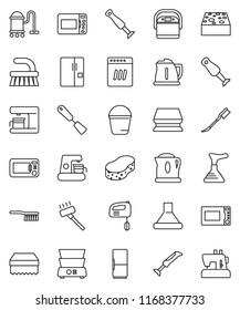 thin line vector icon set - plunger vector, vacuum cleaner, fetlock, bucket, sponge, car, kettle, spatula, microwave oven, double boiler, blender, fridge, dishwasher, mixer, coffee maker, hood