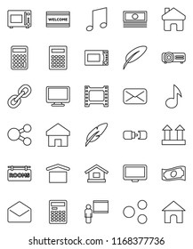 thin line vector icon set - welcome mat vector, microwave oven, pen, blackboard, calculator, music, cash, dry cargo, top sign, film frame, monitor, link, mail, share, home, connection, projector