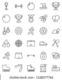thin line vector icon set - award cup vector, target, barbell, weight, jump rope, hand trainer, punching bag, fitball, snickers, boxing glove, shorts, roller Skates, skateboard, medal, fitness mat