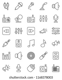 thin line vector icon set - music vector, disk, microphone, radio, speaker, loudspeaker, settings, equalizer, forward button, backward, rca, jack