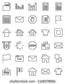 thin line vector icon set - calculator vector, flag, arrow up, dollar, document, equalizer, mail, stop button, browser, home, loading, house, buy, clothes