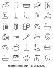 thin line vector icon set - soap vector, water tap, fetlock, mop, sponge, car, bath, toilet brush, liquid, paper, shower, sink, tooth, epilator