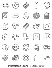 thin line vector icon set - washboard vector, toilet paper, plates, pie graph, arrow up, pound, oxygen, disk, play button, rec, pills blister, gear, refresh, redo, loading, route, relocation truck