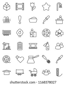 thin line vector icon set - foam basin vector, skimmer, turk coffee, student, pool, attention, truck trailer, dry cargo, tulip, package, film frame, spool, group, battery, heart cross, dropper, bath