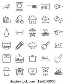thin line vector icon set - fetlock vector, bucket, iron, oil, plates, pencil, school bus, graph, scales, target, medal, pills, pool, dry cargo, eye doctor hat, diagnostic monitor, cloud exchange
