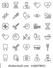 thin line vector icon set - flask vector, heart monitor, cross, first aid kit, oxygen, pulse, doctor, eye, dna, insemination, syringe, crutches, scissors, sand clock, patch, mortar, hospital bed