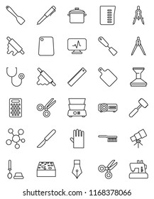 thin line vector icon set - fetlock vector, sponge, car, toilet brush, rubber glove, pan, measuring cup, spatula, rolling pin, meat hammer, cutting board, grater, double boiler, pen, ruler, scissors