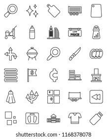 thin line vector icon set - cleaner trolley vector, towel, shining, plates, window, knife, cutting board, hand mill, bbq, school building, magnifier, dollar flag, cent sign, scales, t shirt, route