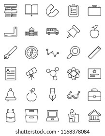 thin line vector icon set - book vector, pen, school building, corner ruler, glasses, student, case, backpack, apple fruit, atom, telescope, bell, notebook pc, clipboard, paper pin, compass, magnet