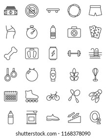 thin line vector icon set - barbell vector, scales, stadium, stopwatch, bike, jump rope, punching bag, fitball, buttocks, snickers, shorts, roller Skates, skateboard, sports nutrition, enegry drink