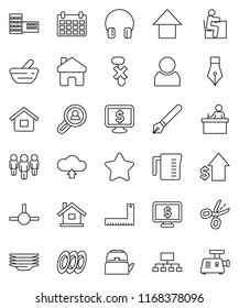 thin line vector icon set - plates vector, kettle, measuring cup, pen, school building, corner ruler, student, dollar growth, man, arrow up, hierarchy, calendar, monitor, no hook, headphones, mortar