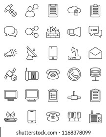 thin line vector icon set - clipboard vector, satellite, antenna, satellitie, loudspeaker, mobile phone, dialog, speaking man, classic, mail, connect, server, network, cloud lock, firewall, router