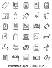 thin line vector icon set - toilet paper vector, copybook, schedule, clipboard, pin, certificate, document, exam, check, annual report, receipt, binder, money, thumbtack, network, attachment, plan