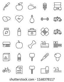 thin line vector icon set - oil vector, double boiler, cereal, mushroom, potato, chicken leg, diet, barbell, heart pulse, bike, water bottle, fitness mat, cereals, bone, doctor bag, thermometer