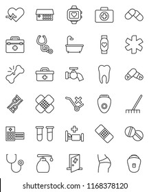 thin line vector icon set - rake vector, water tap, liquid soap, buttocks, heart monitor, first aid kit, no trolley, doctor bag, ambulance star, pulse, vial, crutches, broken bone, patch, pills