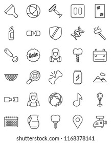thin line vector icon set - scraper vector, vacuum cleaner, window cleaning, agent, woman, colander, ladle, jug, backpack, music, punching bag, enegry drink, calendar, protected, cargo search, dna