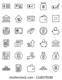 thin line vector icon set - school building vector, bank, dollar coin, gold ingot, credit card, wallet, percent growth, money bag, piggy, investment, check, receipt, safe, any currency, reader