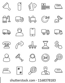 thin line vector icon set - scraper vector, vacuum cleaner, car fetlock, window cleaning, iron, steaming, agent, dollar cursor, phone 24, support, delivery, cargo search, mobile, doctor, hour