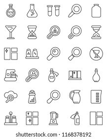 thin line vector icon set - window cleaning vector, shining, oil, measuring cup, hand mill, spices, jug, jar, magnifier, flask, no alcohol sign, glass, vial, sand clock, potion, cloud, client search