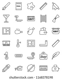 thin line vector icon set - splotch vector, welcome mat, washboard, rolling pin, thermometer, chicken leg, pen, pencil, corner ruler, glass, big scales, Railway carriage, hdmi, broken bone, cottage
