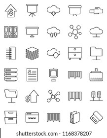 thin line vector icon set - presentation vector, archive, personal information, dollar growth, binder, board, barcode, social media, network, server, folder, cloud, shield, exchange, big data, hub