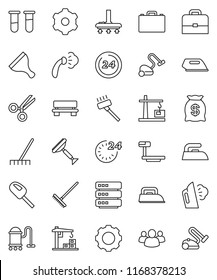 thin line vector icon set - scraper vector, vacuum cleaner, rake, iron, steaming, case, big scales, group, vial, scissors, data, gear, bench, construction crane, money bag, 24 hour