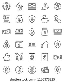 thin line vector icon set - exchange vector, dollar coin, cash, money bag, piggy bank, investment, growth, receipt, medal, shield, calendar, cursor, yen sign